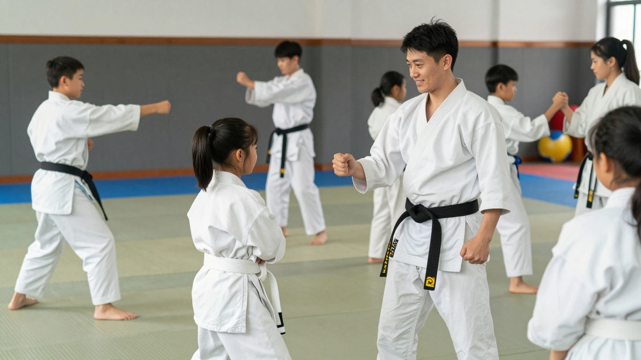 Группа учеников разных возрастов тренируется в додзё, один ребёнок держит белый пояс.