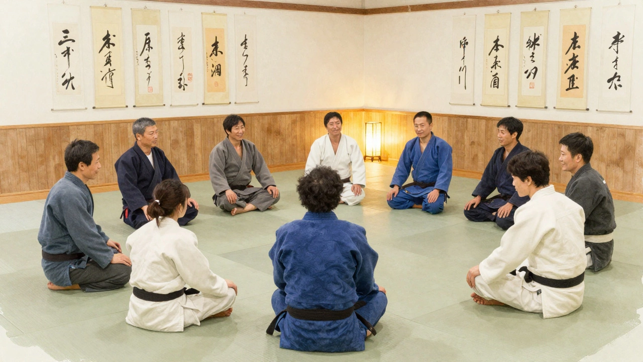 Группа взрослых после тренировки в дзюдо сидит в кругу, спокойно общаясь.