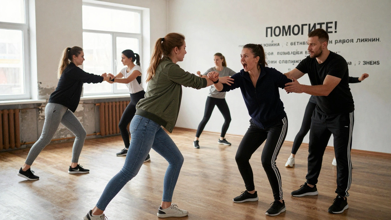 Группа женщин тренирует самооборону в зале, одна разрывает захват, другая кричит о помощи.