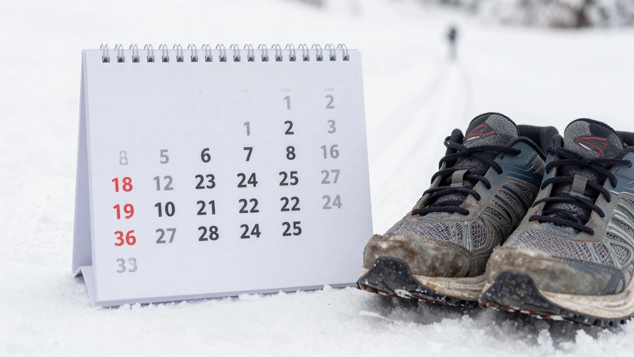 Изношенные кроссовки и календарь с прогрессом тренировок, на фоне лыжной трассы.