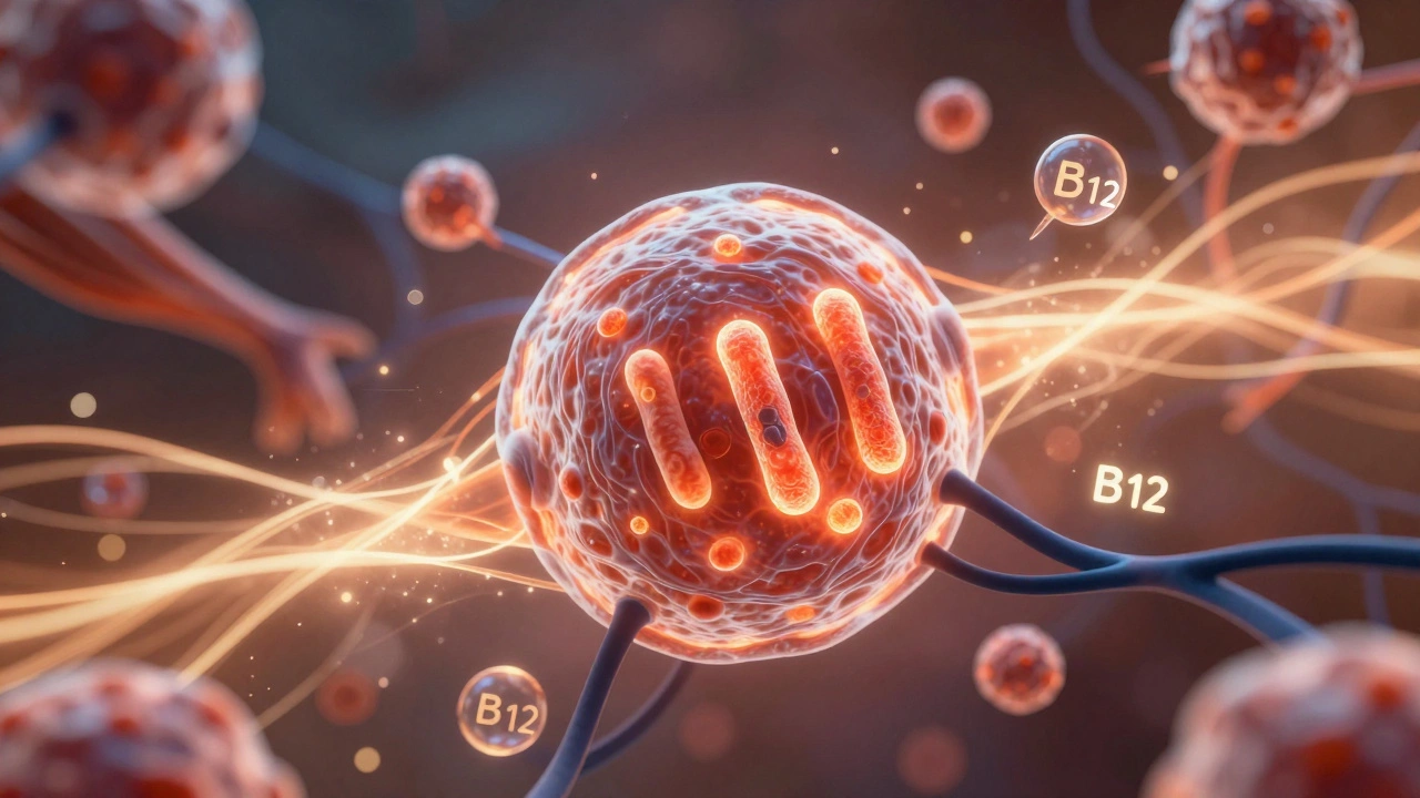 Клетка с активными митохондриями и витаминами, символизирующая выработку энергии.