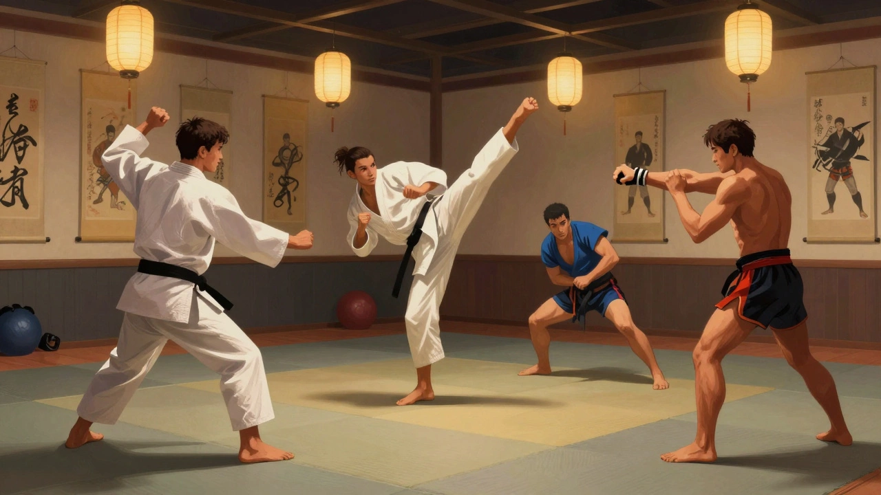 Мartial artists из разных стран тренируются вместе в современном зале.