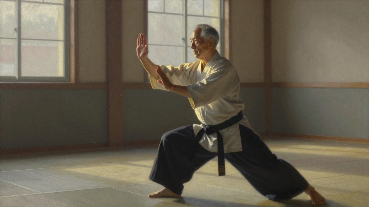 Мужчина средних лет выполняет ката на рассвете, солнечный свет падает на его чёрный пояс.