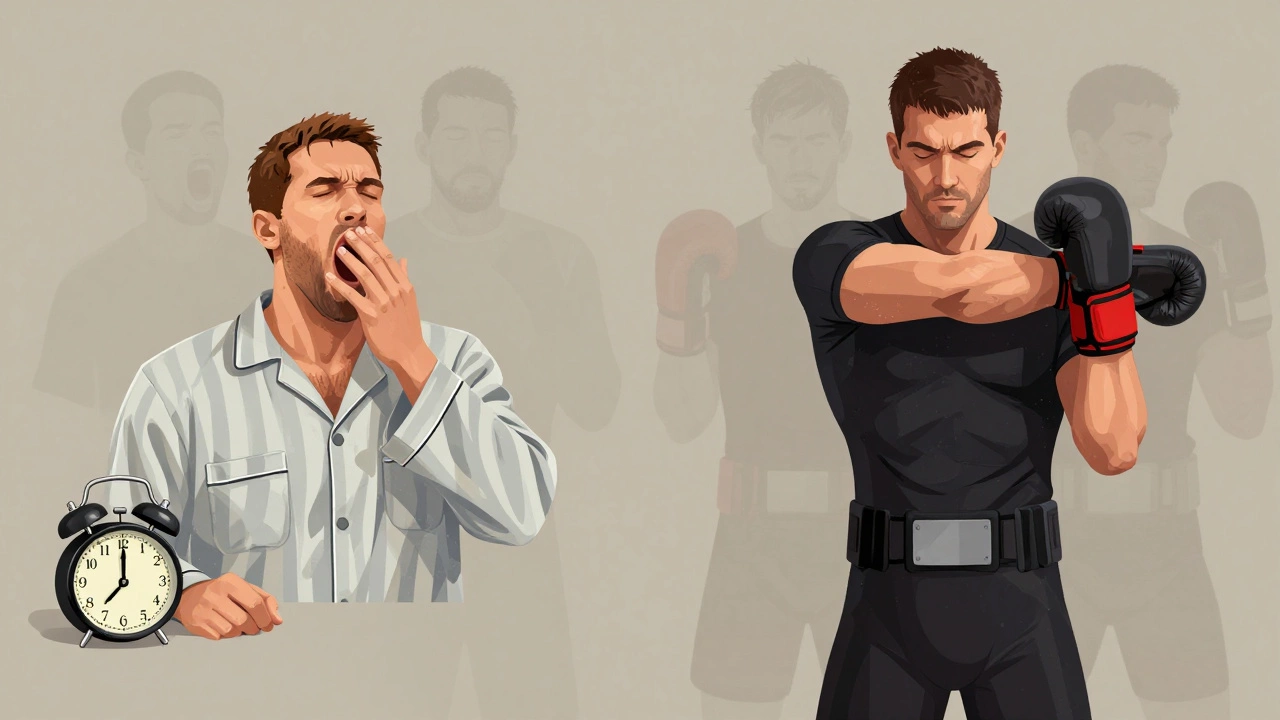 Разделенная сцена: спортсмен просыпается будильником и позже готовится к тренировке, символизируя ежедневный выбор дисциплины.