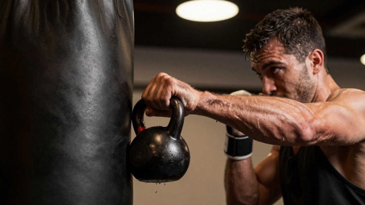 Рука боксёра с гирей наносит удар по мешку, напряжены плечо и предплечье.