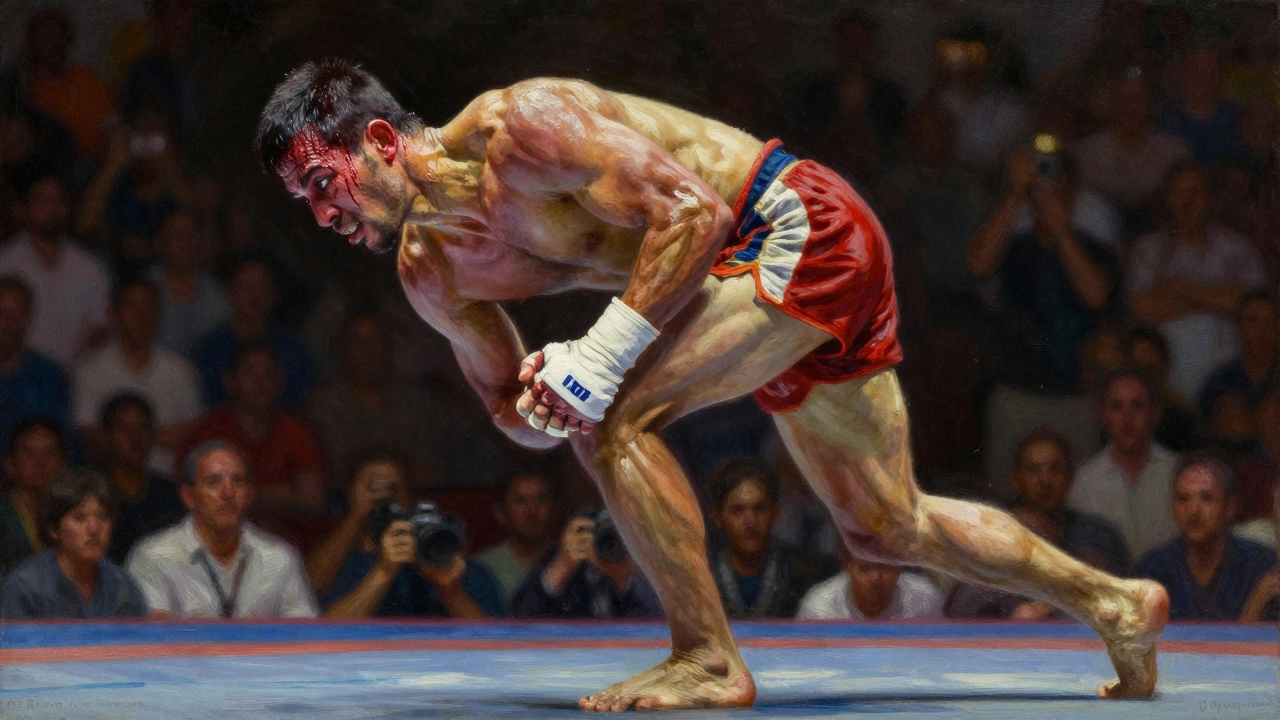 Самбист с травмой плеча использует ноги для броска в финале матча, лицо искажено усилием.