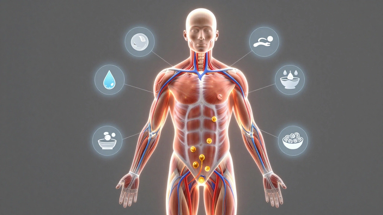 Схематичное изображение тела с потоками энергии, воды, сна и еды, символизирующее выносливость.