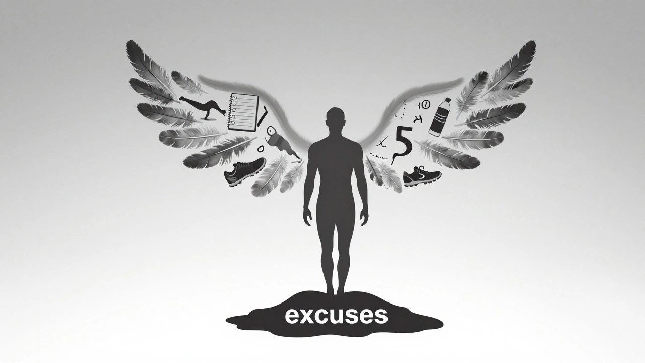 Силуэт человека с крыльями из ежедневных привычек, поднимающийся над пропастью оправданий.
