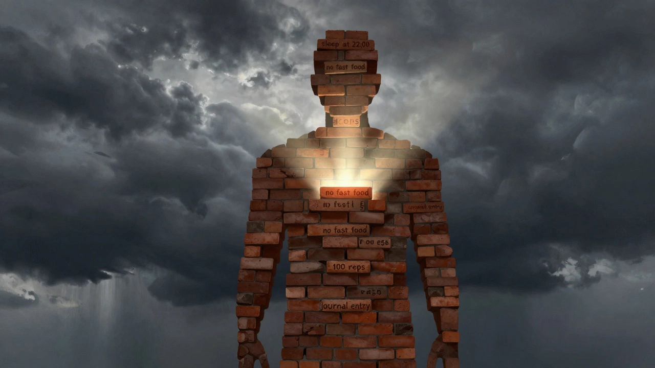 Силуэт человека, сложенный из кирпичей с ежедневными привычками, освещенный лучом света, как основа силы.