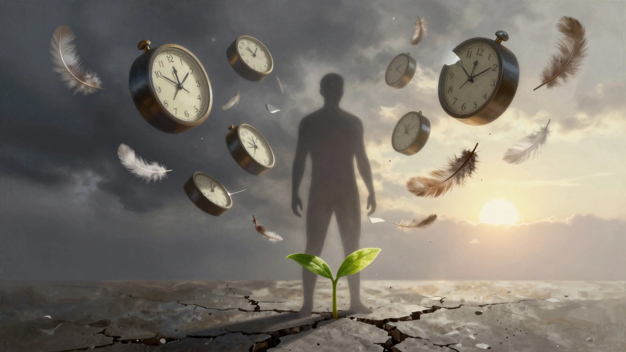 Силуэт человека surrounded by melting weights and floating clocks, с зеленым ростком на земле — символ восстановления.
