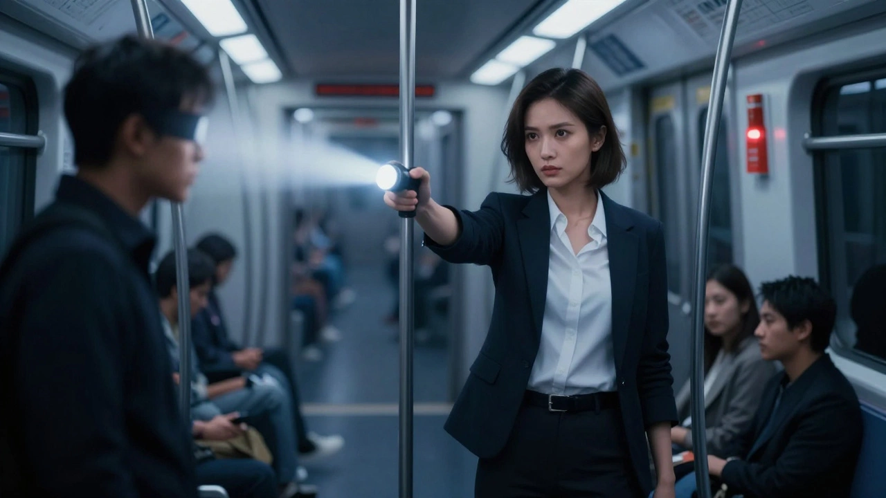 Женщина в метро направляет фонарик в лицо агрессору, свет ослепляет его, она стоит уверенно.