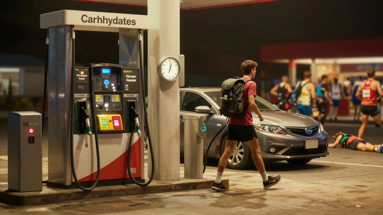 Бегун как автомобиль, заправляющийся на станции с топливом для выносливости.