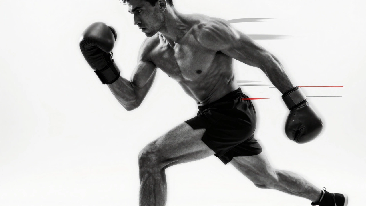 Ближний план тела боксера, показывающий функциональную силу и кинетическую энергию.