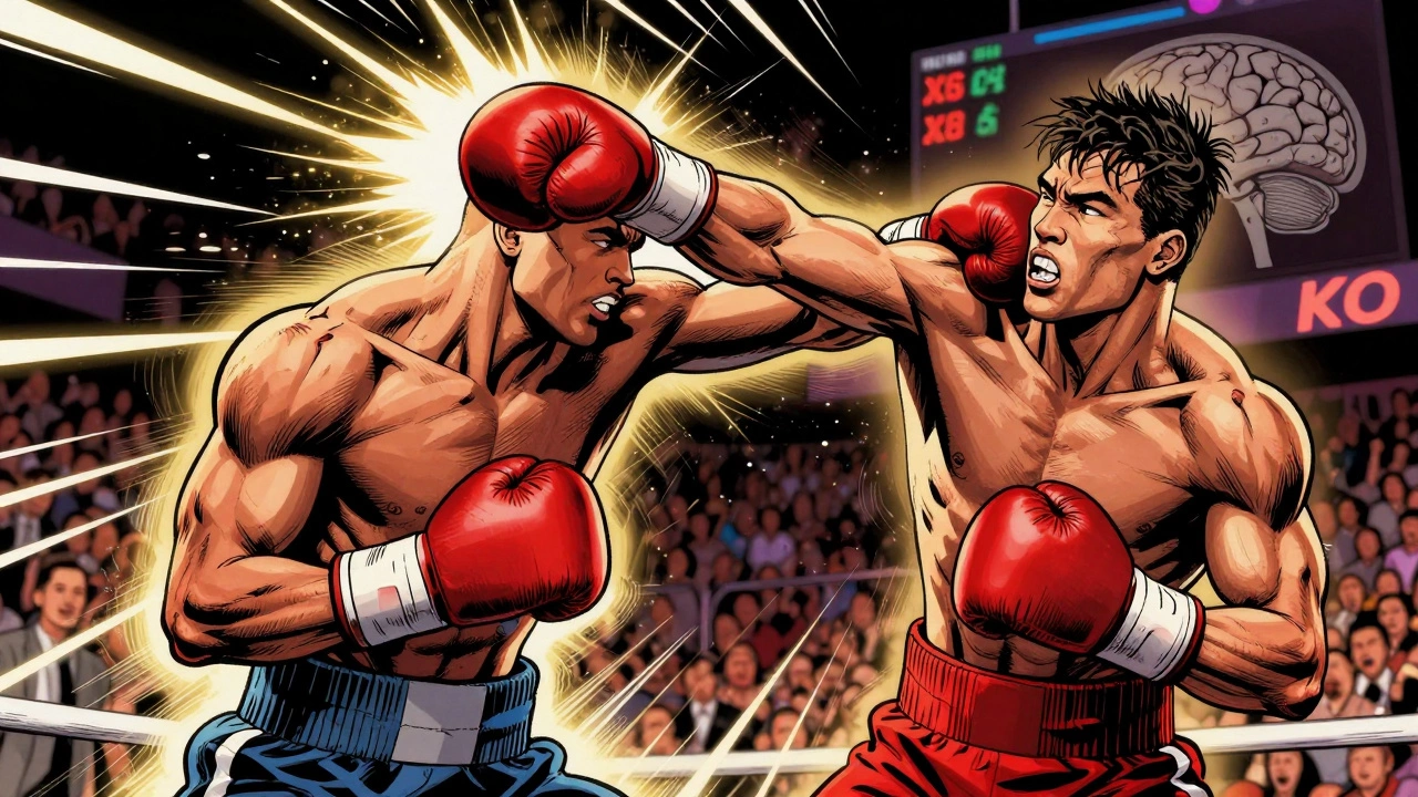 Боксёр наносит точный удар правой в челюсть соперника, вызывающий нокаут.