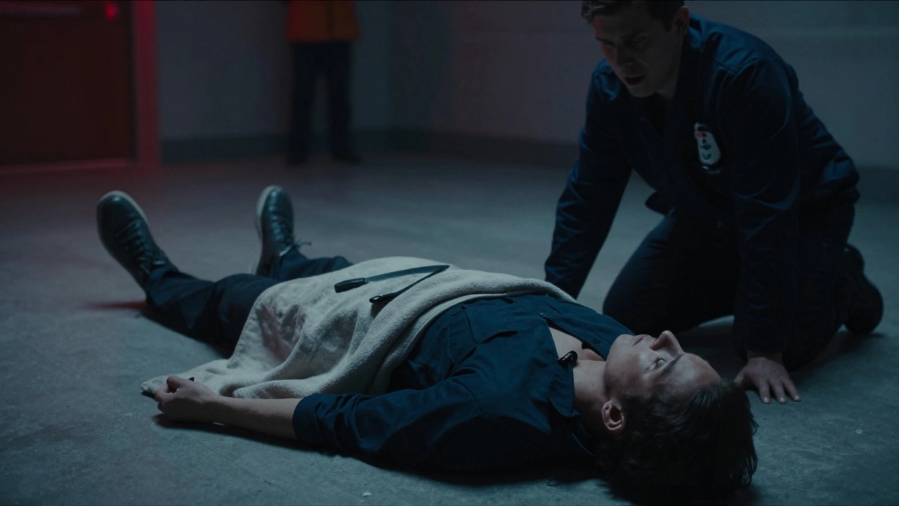 Человек лежит на полу с ножом в животе, ноги приподняты, рядом человек звонит по телефону, включена аварийная подсветка.