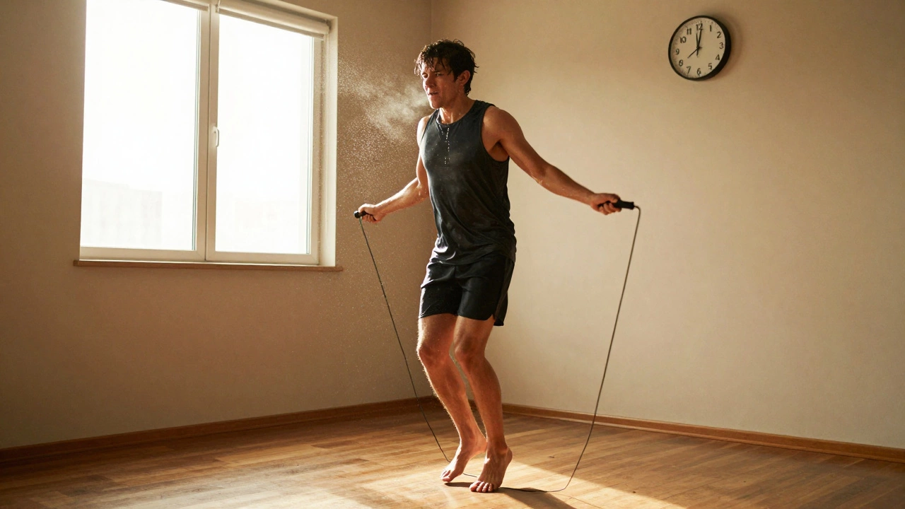 Человек прыгает через скакалку и наносит удары в воздухе дома при вечернем свете.