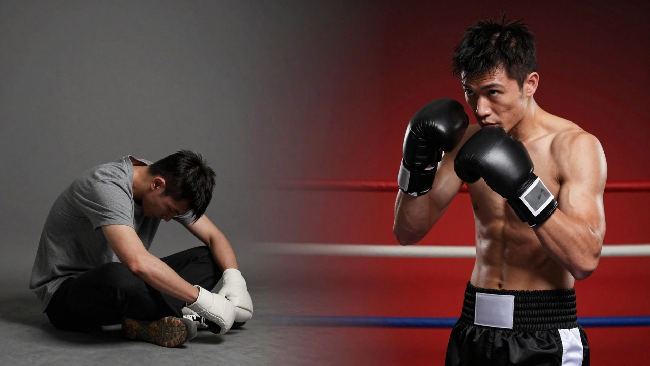 Два образа одного человека: до и после бокса — усталый и сильный.