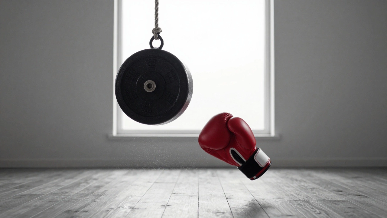 Гиря весом 110 кг начинает качаться после удара боксёрской перчаткой, символизируя силу удара.