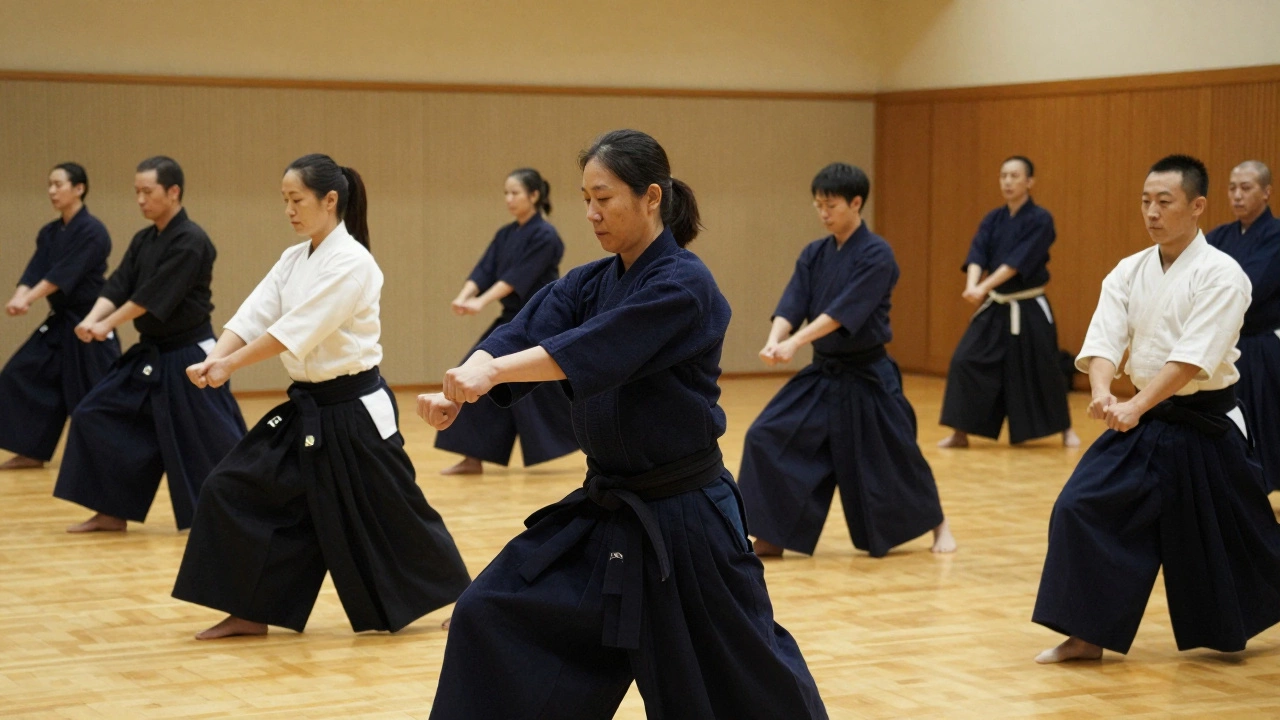 Группа взрослых людей старше 30 лет практикует ката вместе в тихом зале каратэ.