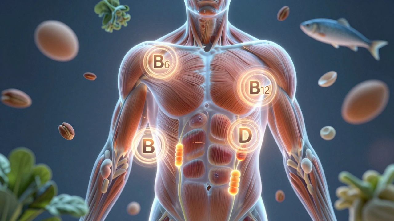 Прозрачное тело с активными митохондриями, питаемыми витаминами и минералами, surrounded by еда.