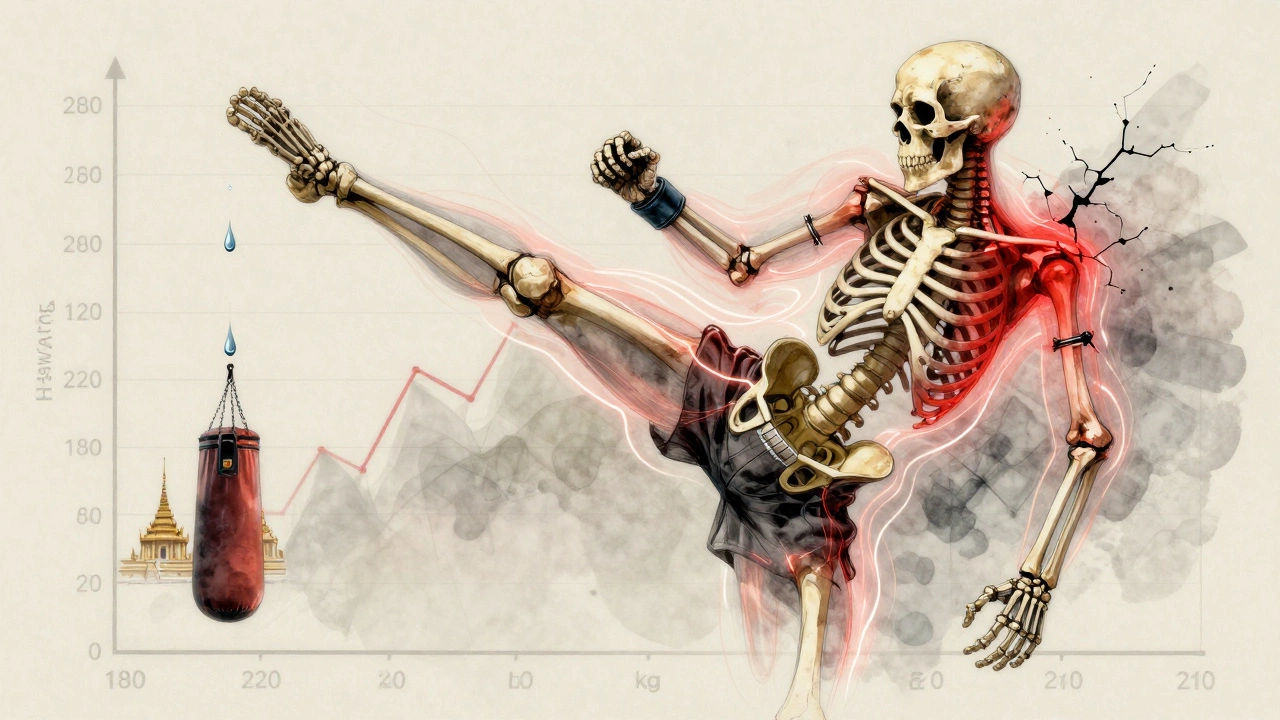 Схема энергии удара в тайском боксе, показывающая разрушение ребра и движение тела.