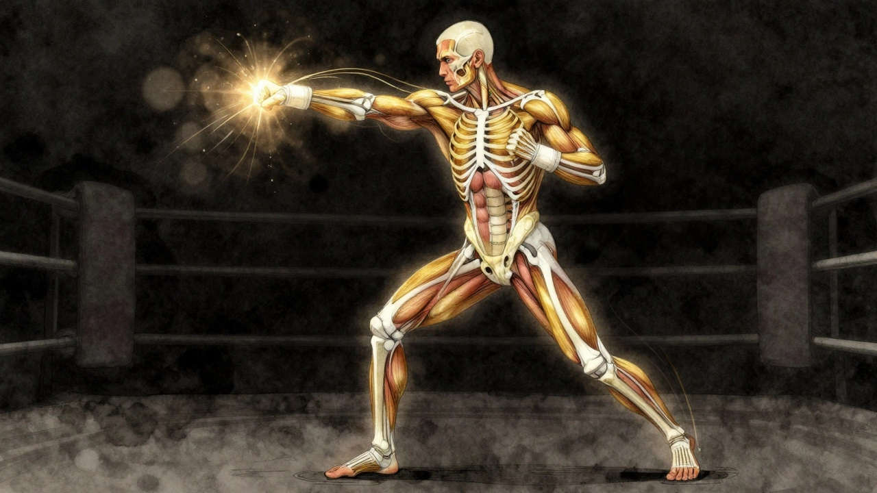 Схема тела с потоком энергии от ног к кулаку, показывающая, как удар рождается в бёдрах.