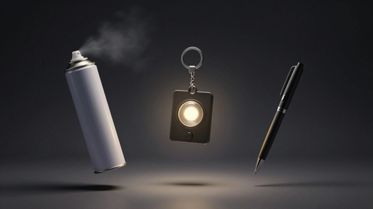 Три легальных средства самообороны: спрей, сирена на ключах и ручка.