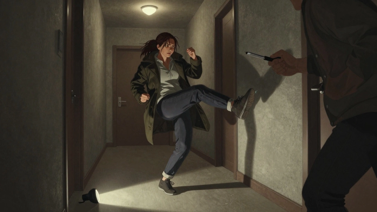 Женщина наносит удар коленом в подъезде, используя только тело и ручку.