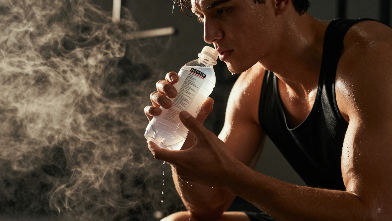 Атлет пьёт спортивный напиток во время длительной тренировки.