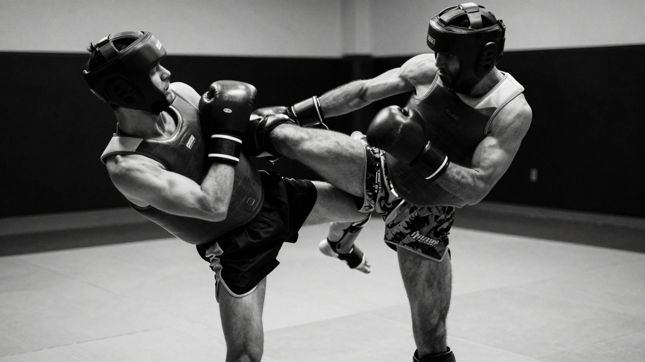 Бойцы ведут активную схватку с полной защитой на татами