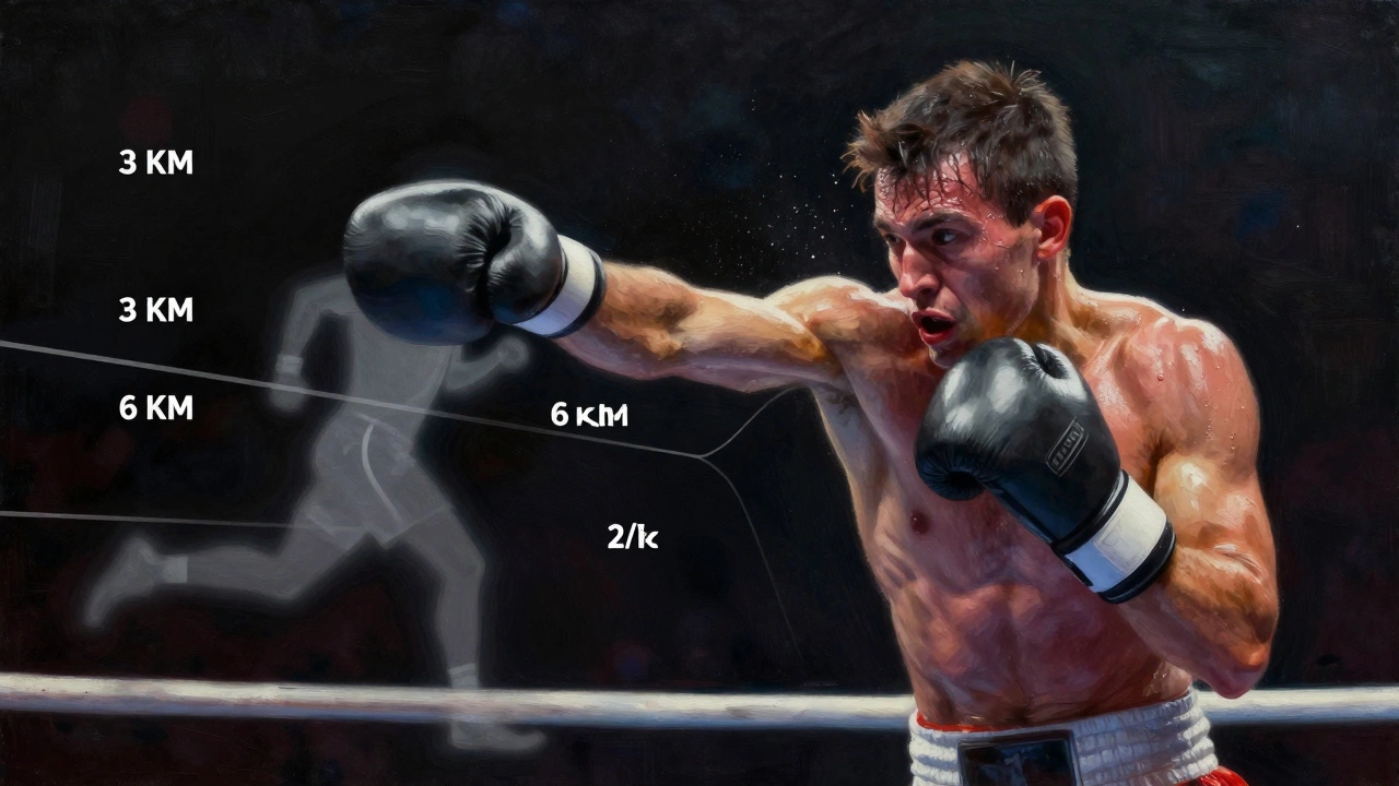 Боксёр в ринге, уставший, но продолжающий бить, с прозрачным следом своих пробежек за неделю позади.
