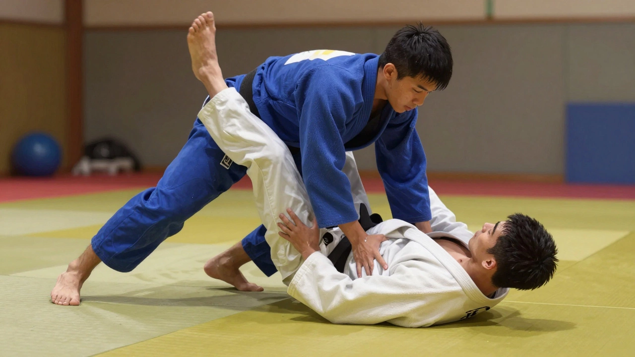 Два дзюдоиста в процессе броска — спокойные, контролирующие движения, без агрессии.