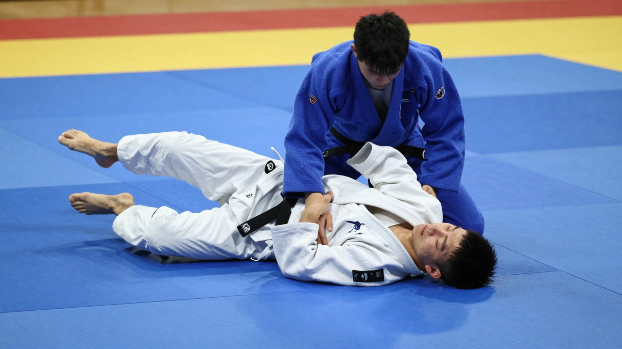 Дзюдоисты практикуют безопасное падение на ковре под присмотром