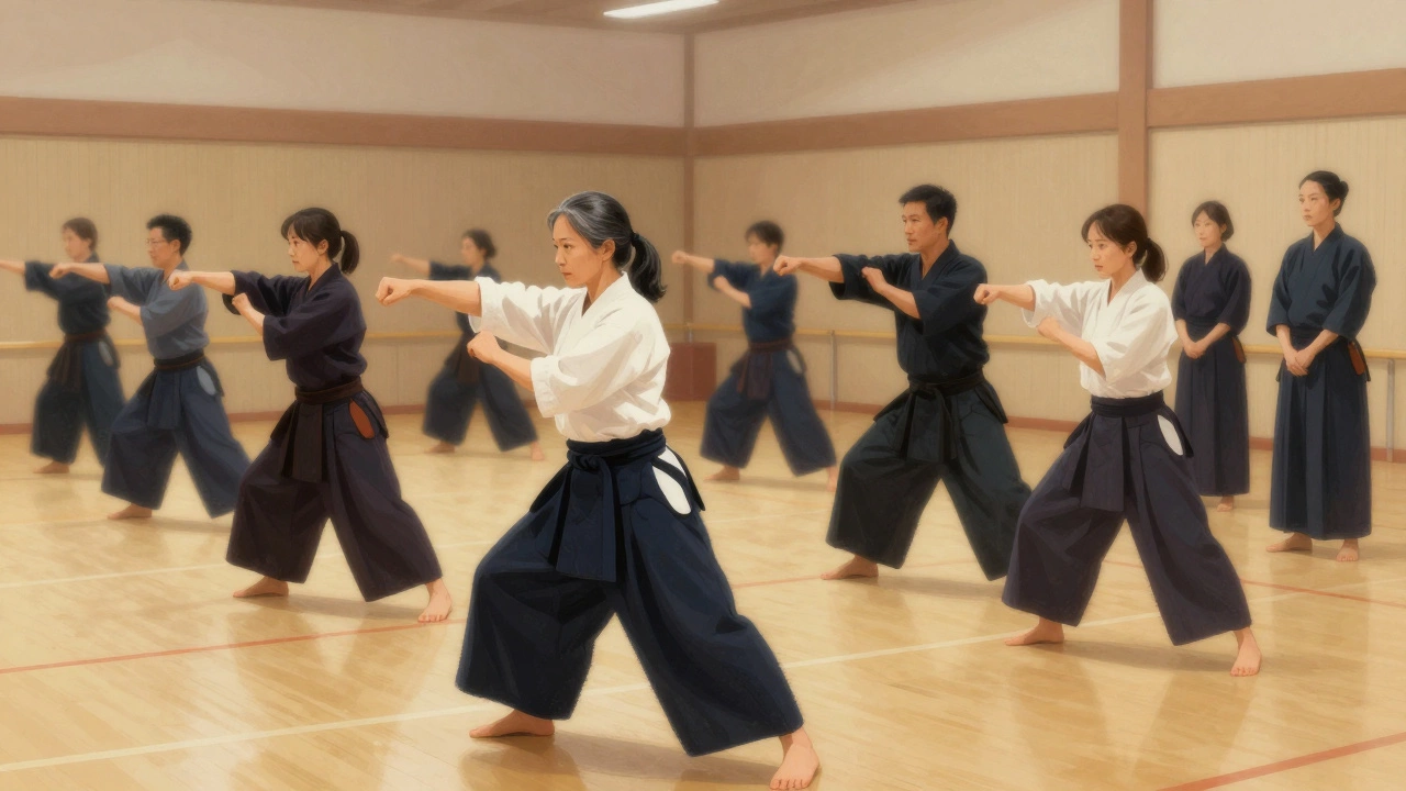 Группа взрослых людей старше 40 лет выполняет ката в дойо с точностью и контролем, тренеры наблюдают за ними.