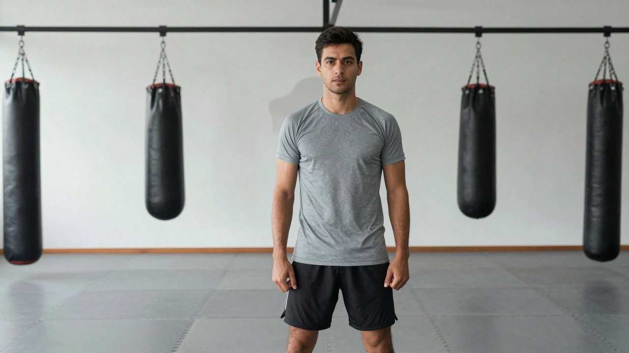 Мастер боевых искусств стоит уверенно в современном зале