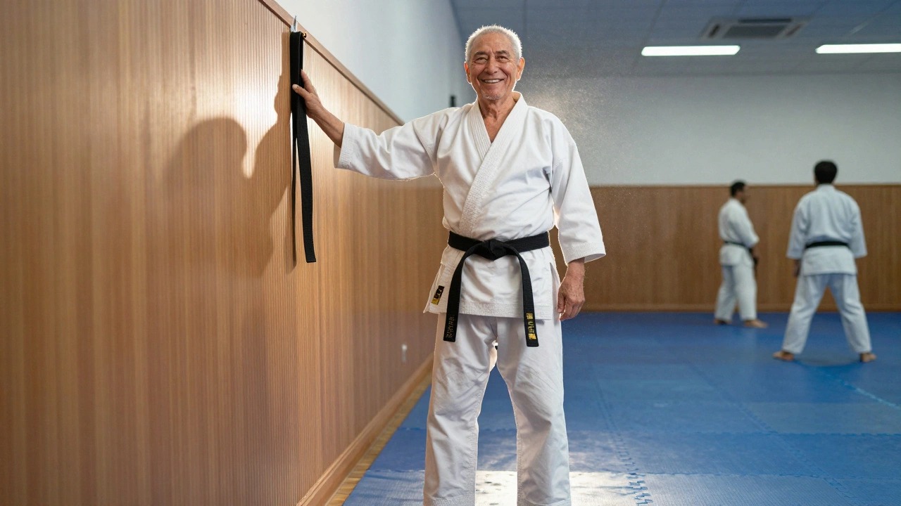 Мужчина после операции стоит прямо, опираясь на стену, его осанка показывает уверенность и восстановление через каратэ.