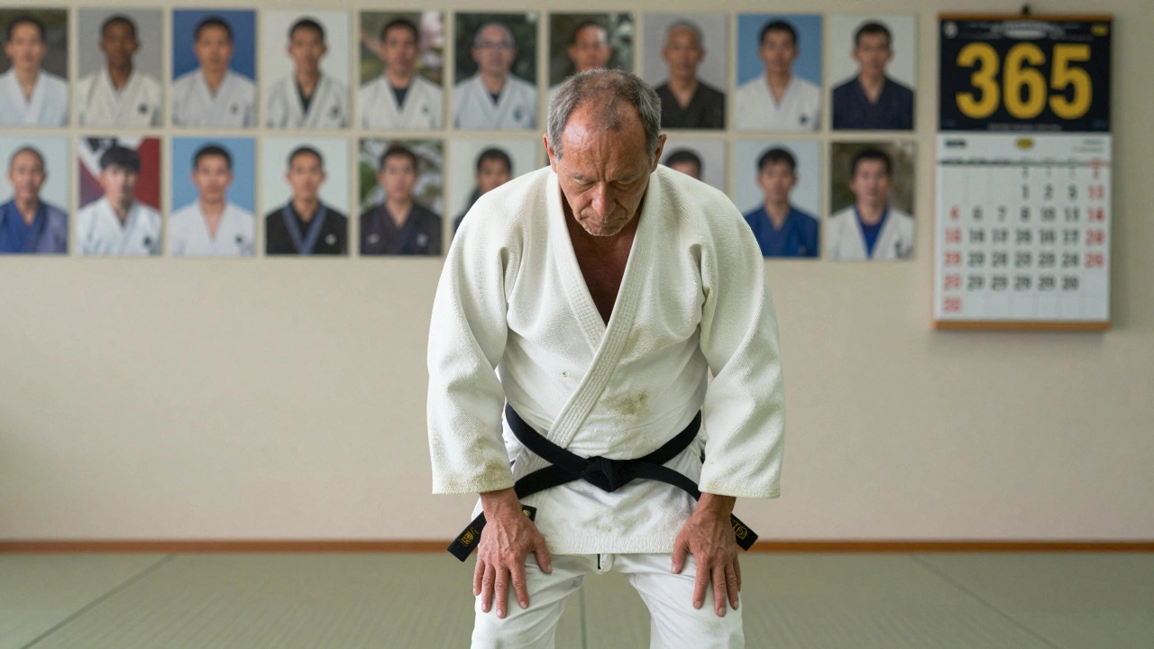 Пожилой дзюдоист после тренировки, за ним стена с отметками о ежедневных занятиях.