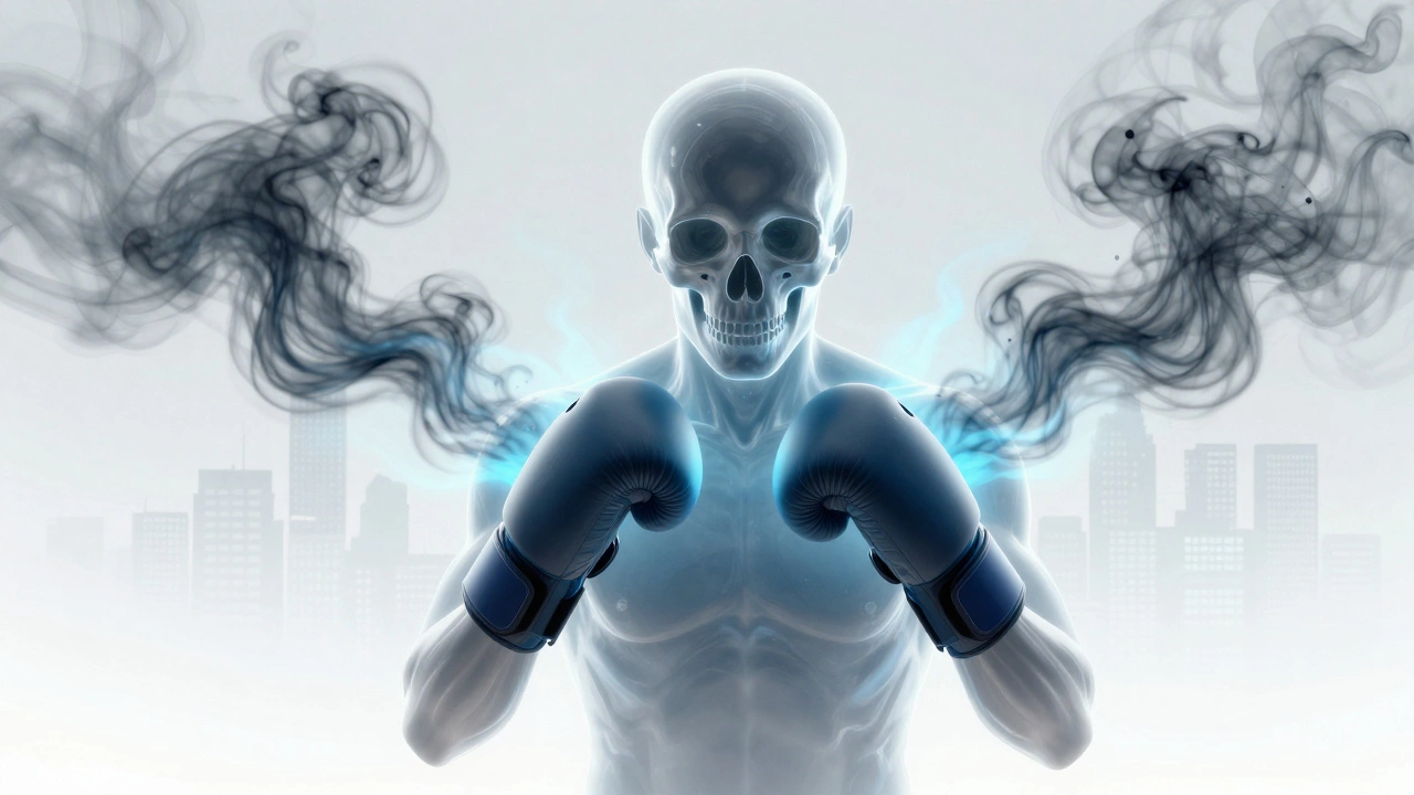 Силуэт человека внутри прозрачной черепной коробки, удары кулаками высвобождают тёмный стресс, превращаясь в спокойный синий свет.