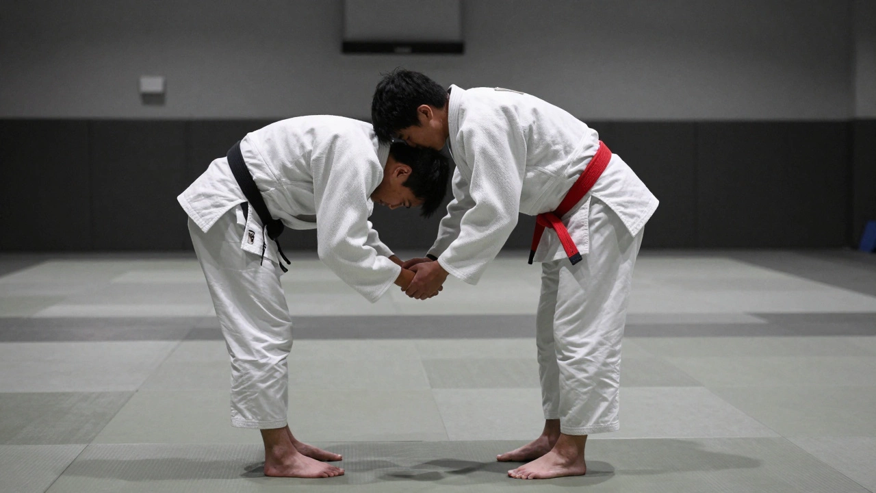 Соперники после боя обмениваются поклоном — без криков, без празднования, только уважение и тишина.