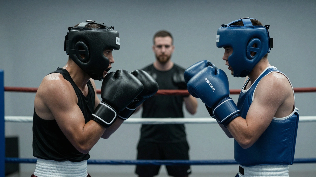 Спарринг боксеров в шлемах и перчатках на тренировке