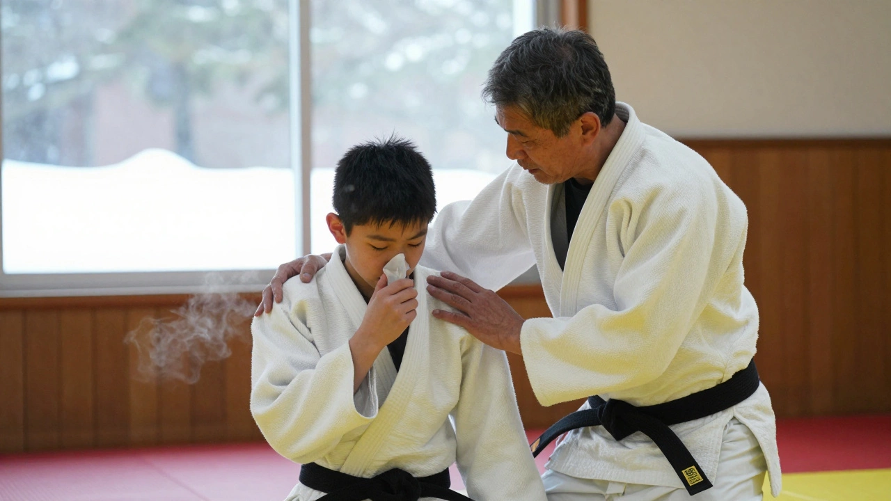 Старший ученик мягко показывает технику младшему, худому мальчику, оба в формах, за окном — снег.