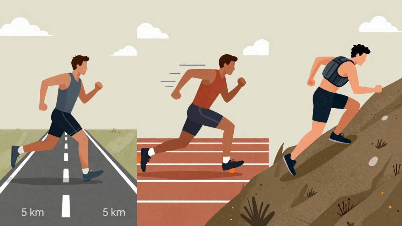 Три боксёра на разных поверхностях: бег по дороге, интервальные забеги и подъём в гору — символизируют разнообразие тренировок.