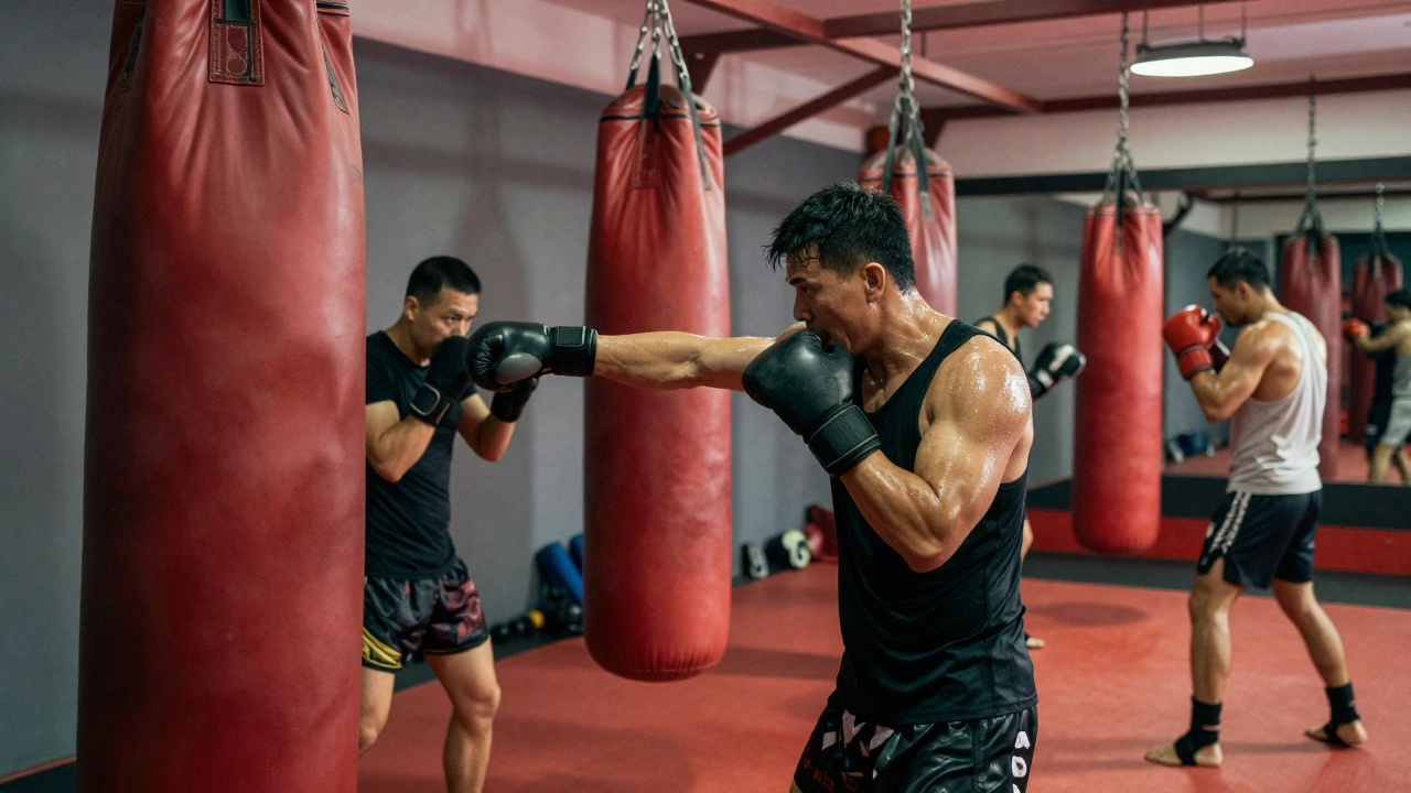 Взрослые тренируются в боксёрском зале, работая с тяжёлыми мешками, без соревнований.