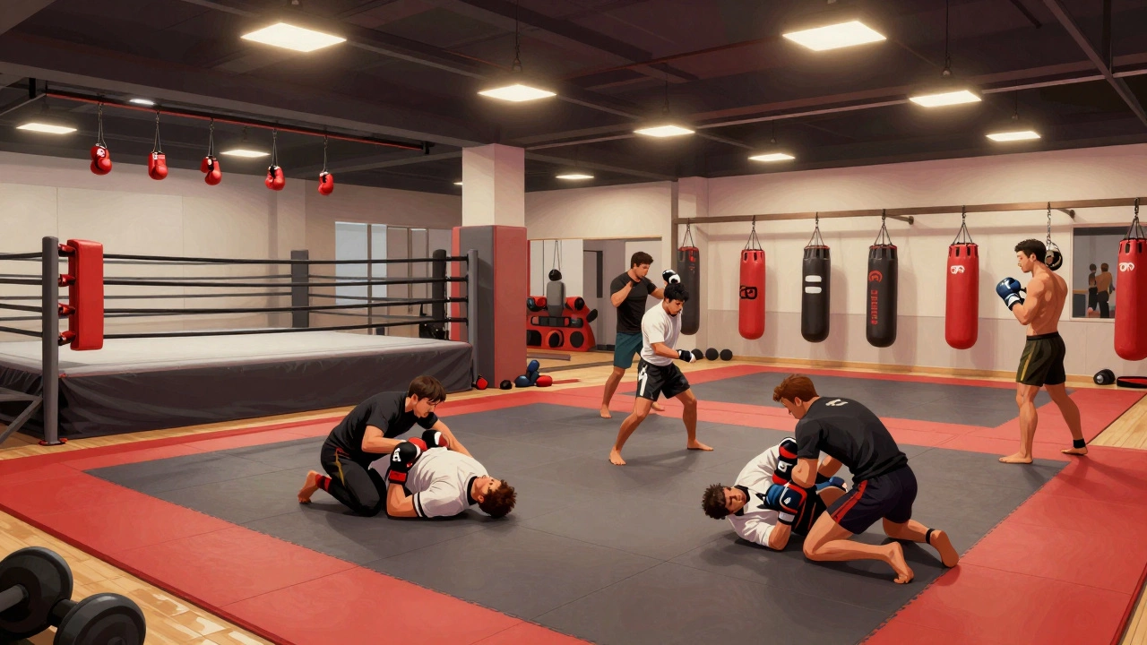 Зал смешанных единоборств с тренирующимися спортсменами