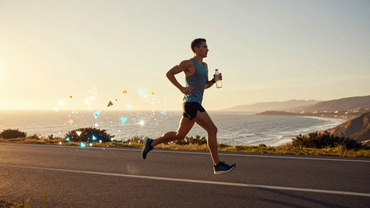 Бегун на дороге с символическим шлейфом электролитов в лучах заката