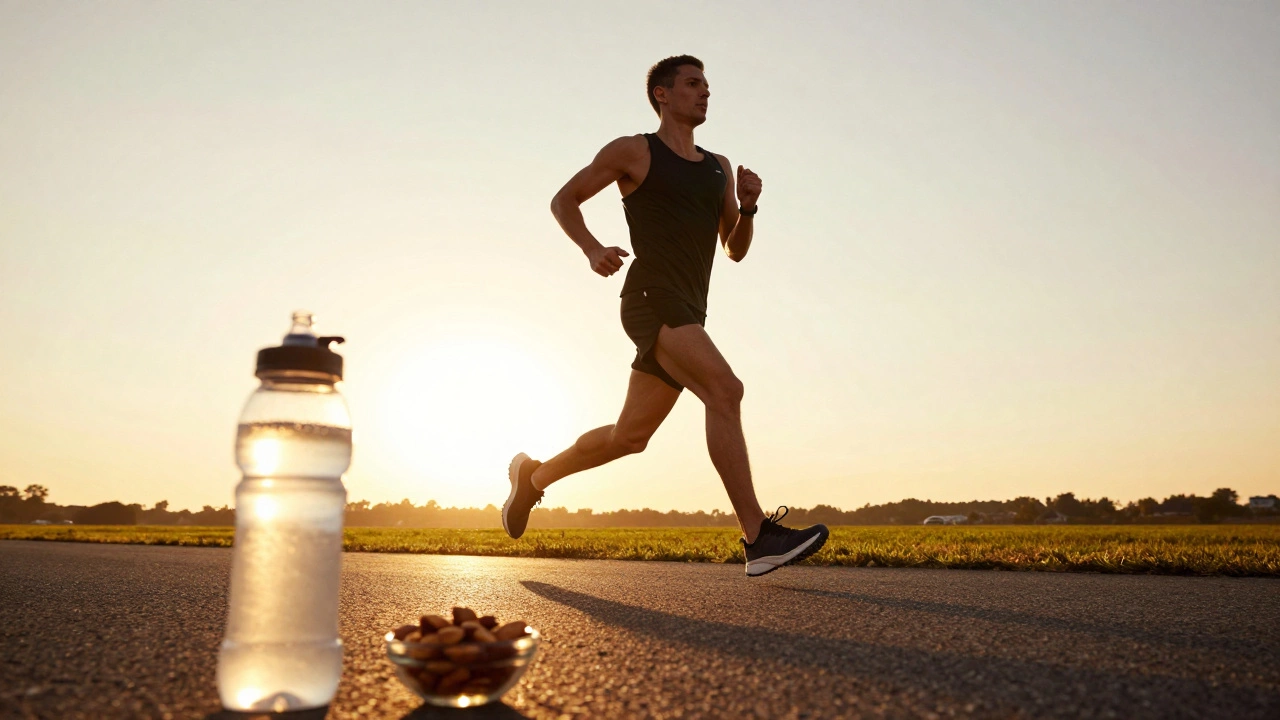 Бегущий атлет на закате с бутылкой изотоника и орехами на переднем плане