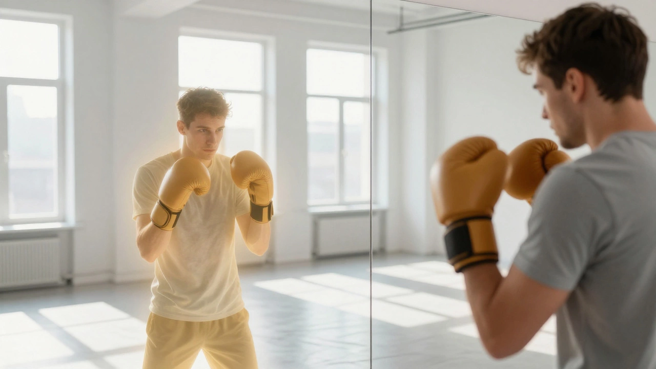 Боксер тренируется перед зеркалом в светлом зале, достигая ментального спокойствия.