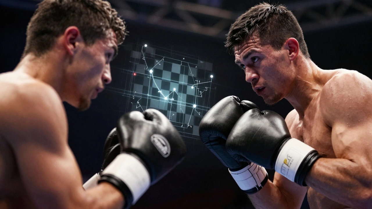 Боксер в ринге с наложенными тактическими схемами, напоминающими шахматную партию.