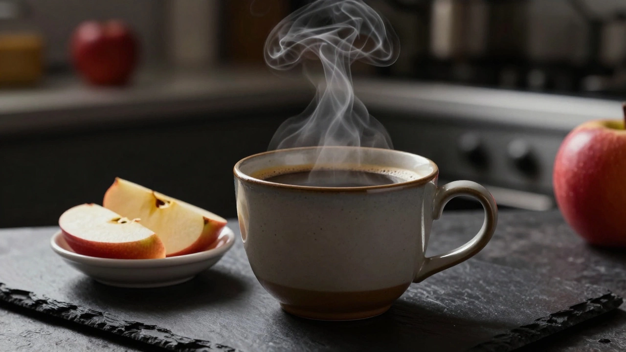 Чашка черного кофе и дольки яблок на темном фоне