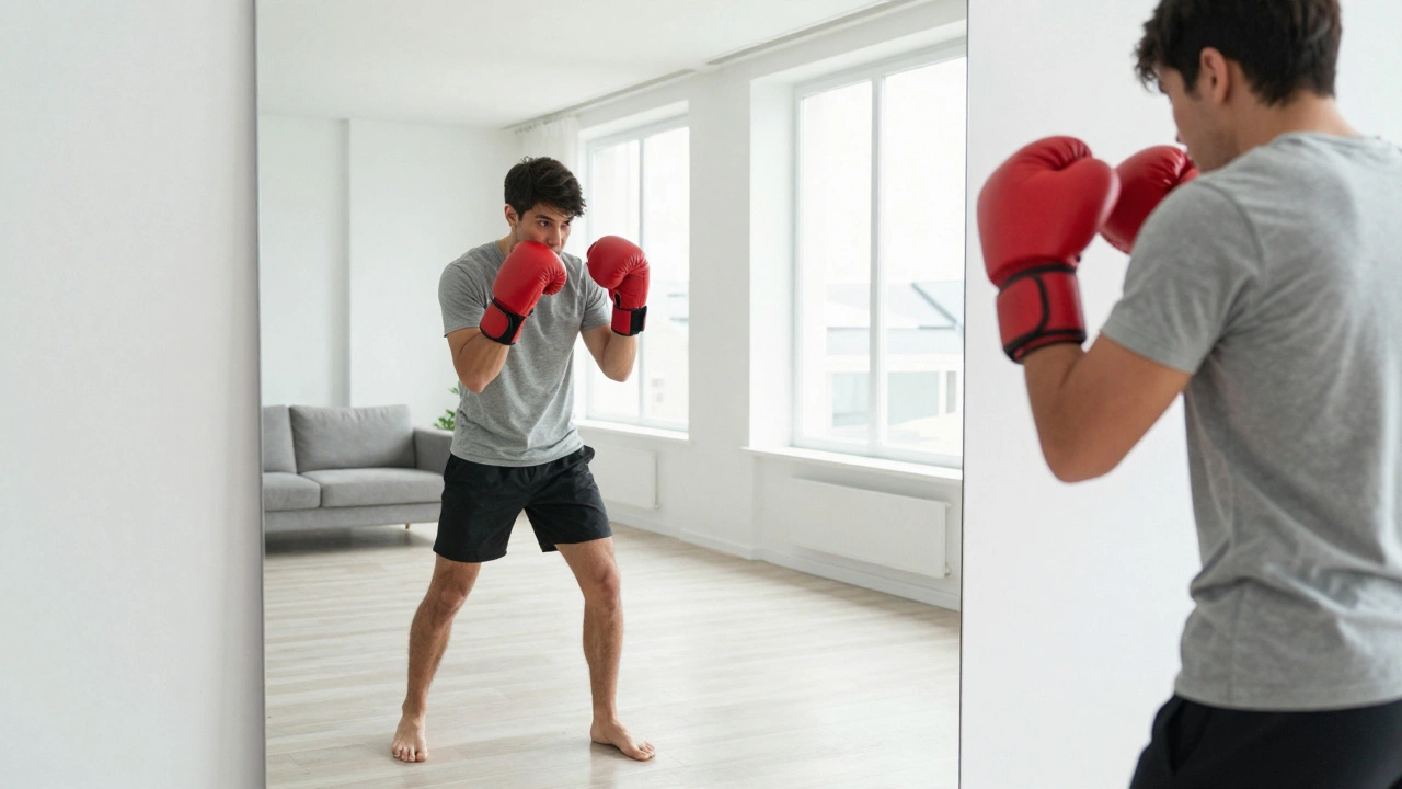 Человек отрабатывает удары перед зеркалом в светлой комнате